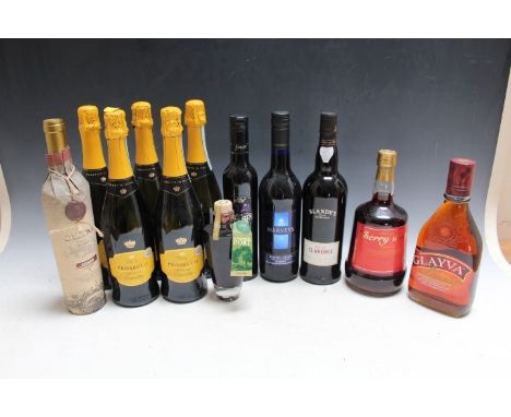 A SELECTION OF WINES AND SPIRITS CONSISTING OF 1 BOTTLE OF BLANDY'S DUKE OF CLARENCE MADEIRA, 1 bottle of Glayva liqueur, 1 b