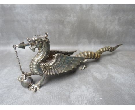 AN EDWARDIAN SILVER PLATED DRAGON FORM TABLE CIGAR LIGHTER - BY WALKER & HALL, the tail being formed from an antelope / gazel