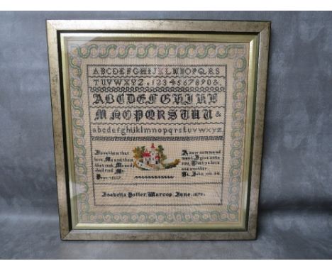 A 19TH CENTURY ALPHABET SAMPLER, by Isabella Potter, Marcop June 1872, framed and glazed, 42 x 39 cm