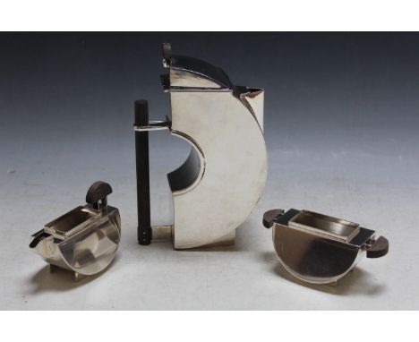 AN UNUSUAL ART DECO STYLE THREE PIECE INDIAN SILVER TEA SERVICE BY RAVISSANT, approx weight 1020g, W 21 cmCondotion - No sign