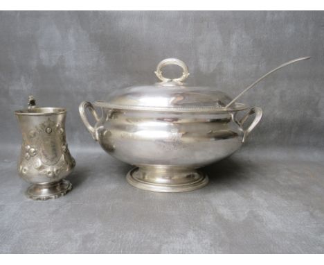 A SILVER PLATED TUREEN / BOWL STAMPED WITH THE ROYAL ARTILLERY INSIGNIA, together with a silver plated swimming trophy - Birm