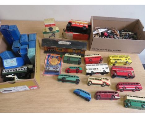 A BOX OF LEAD AEROPLANES, ANIMALS ETC., boxed Chad Valley tin plate clockwork bus, boxed model power saw and electric motor, 