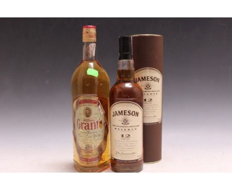 1 BOTTLE OF JAMESON 12 YEARS OLD RESERVE WHISKEY IN ORIGINAL GIFT TIN, together with 1 litre bottle of Grant's whisky (2)