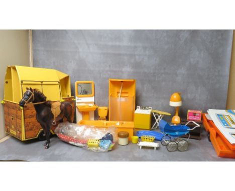 TWO TRAYS OF UNBOXED SINDY ITEMS, to include horsebox and horse, sink, bath, shower, washing machine, pram, lilo, hairdryer, 