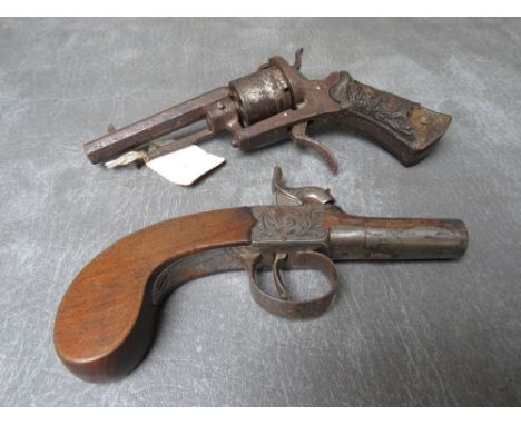 AN EARLY 19TH CENTURY PERCUSSION FIRE POCKET PISTOL, along with a mid 18th century Belgium pin fire pocket revolver A/F, both