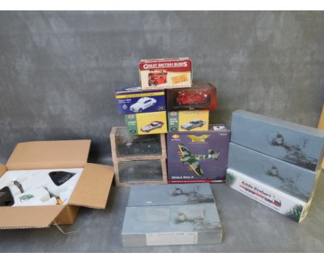 A MIXED TRAY OF BOXED DIE CAST, to include Corgi 1:72 scale Hawker Typhoon aeroplane, 2 Atlas Spitfire and Messerschmitt twin
