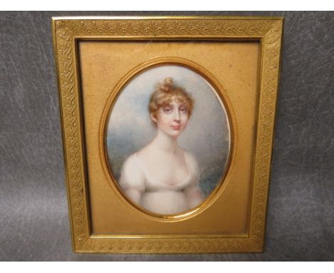 A 19TH CENTURY PORTRAIT MINIATURE OF A YOUNG LADY IN WHITE DRESS, watercolour on ivory, oval, bearing inscription verso 'Chri