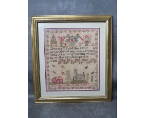 A 19TH CENTURY SAMPLER BY ANN BOYCOTT AGED 11, dated 18?7, framed and glazed, 30 x 26 cmCondition: There are no obvious flaws