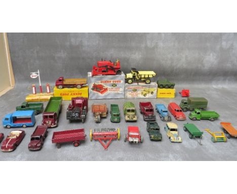 A TRAY OF MAINLY DINKY VEHICLES, to include boxed Blaw Knox bulldozer 961, boxed Euclid rear dump truck 965, boxed big Bedfor
