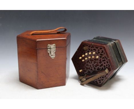 A CASED LACHENAL ROSEWOOD END TWENTY ONE BUTTON COCERTINA, H 18 cm