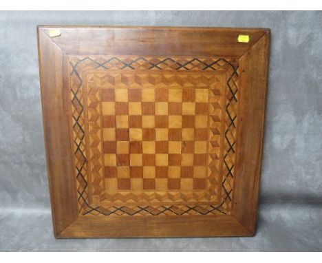 A 19TH CENTURY PARQUETRY CHESS BOARD, 51 x 51 cm