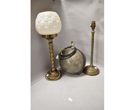 Two late Victorian desk top library lamps having heavy brass stem bases one with milk glass shade, also modern spherical tabl