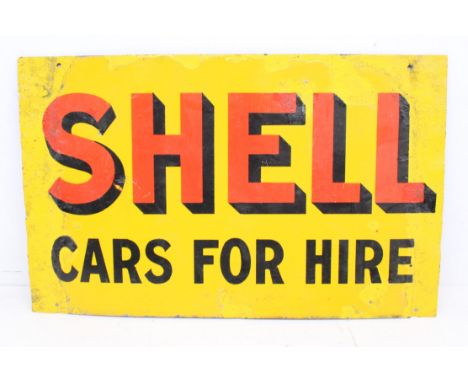Shell: A 20th century 'Shell Cars for Hire', vintage enamel advertising sign, yellow ground with red and black lettering. Rus