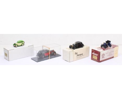 Diecast: A collection of four boxed 1:43 vehicles, to include: Milestone Vauxhall Series 1903 Two Seat Tourer Blue; Top Marqu