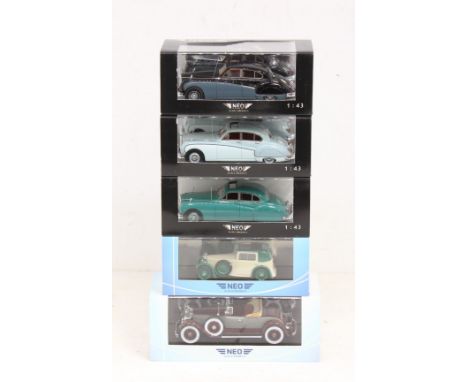 Neo Scale Models: A collection of five boxed Neo Scale Models 1:43 vehicles, to include: Packard, MG F, Jaguar MK VIII, Jagua