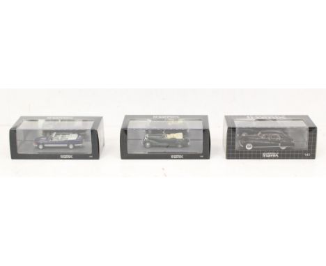 Matrix: A collection of three boxed Matrix 1:43 vehicles, to include: Caruna W126 380SEL Convertible, 1941 Cadillac Custom Li