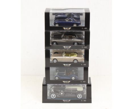 Neo Scale Models: A collection of five boxed Neo Scale Models 1:43 vehicles, to include: Cadillac, Morgan, Daimler, and Alvis