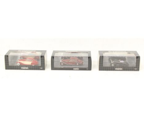 Matrix: A collection of three boxed Matrix 1:43 vehicles, to include: 1935 Delage D8 105 S, 1937 Squire 1 1/2 Litre Corsica D
