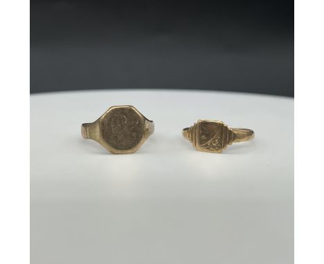 2x 9ct yellow gold vintage signet rings,
both hallmarked,
total combined weight 4.5 grams,
large gents size P,
smaller one is
