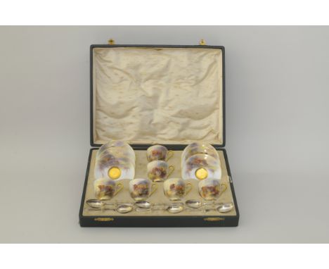 A cased set of Royal Worcester Coffee Cups and Saucers painted scenes of highland cattle in a landscape, signed by Harry Stin
