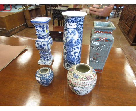 A Chinese blue and white sleeve Vase, 12in, damages, a square section blue and white Lamp Base, green glazed square section V