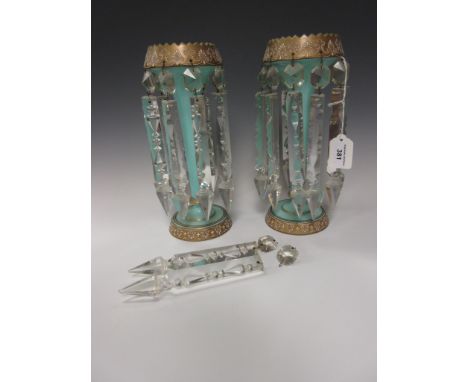 A pair of Victorian glass Table Lustres with turquoise columns and clear prism drops, 11in