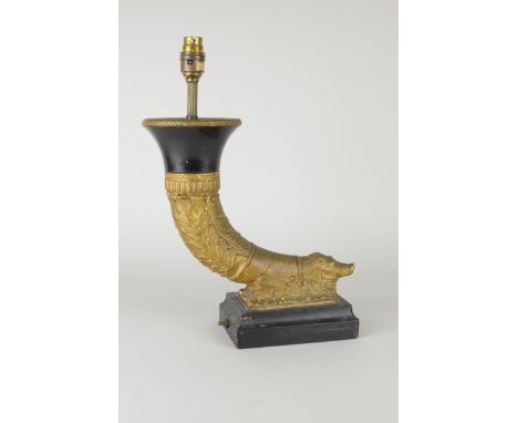 A gilt wood and ebonised Cornucopia Table Lamp with acanthus leaf carving and hog's mask end piece, 15in H