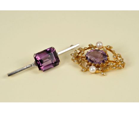 An Amethyst and Seed Pearl Brooch claw-set oval-cut amethyst in leafage plaque set seed pearls in 9ct gold and a Tourmaline a