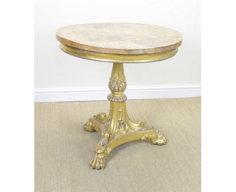 A 19th Century circular Centre Table on finely carved gilt triform base with reeded and acanthus carved column united with pa