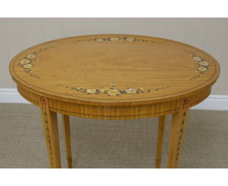 A Sheraton style satinwood oval Occasional Table, the top painted floral sprays on squared tapering supports, 2ft 5in