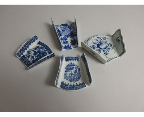 Four various wedge shaped Asparagus Servers, one Wedgewood Hibiscus pattern in blue and white, a Worcester server 'Fruit Spra