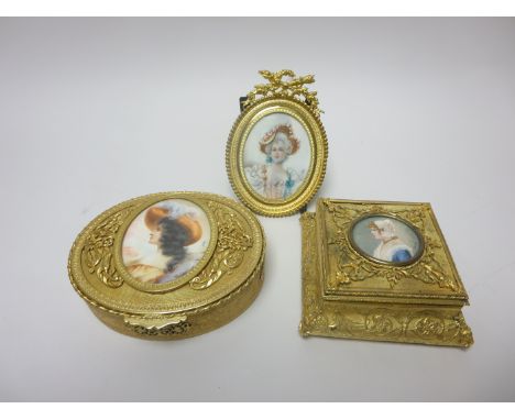 A late 19th Century French gilt metal square Box, the hinged lid fitted with a portrait miniature of a lady signed "Derval", 