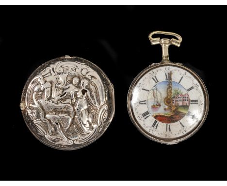 An 18th Century pair cased Verge Pocket Watch with white enamel dial depicting central buildings and sailing boat, fusee move