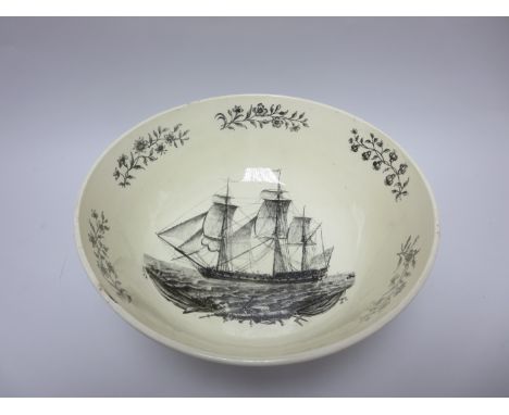 An 18th Century creamware Bowl monochrome printed sailing vessel, hunting and rural scenes, 11 1/2in, chipped