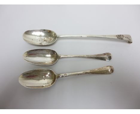 A George II Irish silver Gravy Spoon old english pattern, Dublin 1758, maker: J Pasley, a bottom marked Table Spoon with rat-