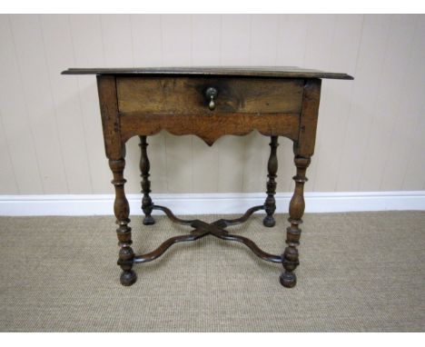 A William & Mary oak Side Table fitted frieze drawer on baluster turned supports united by shaped X stretcher, 2ft 6 1/2in