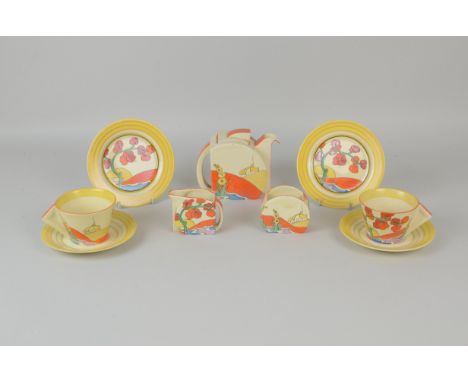 A Clarice Cliff bonjour early Morning Breakfast Set in Bridgewater orange pattern, viz: Teapot (chip to inner of lid), a crea