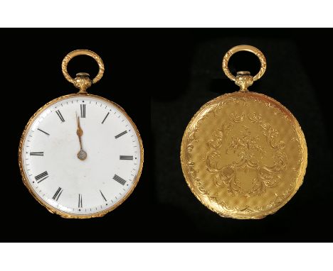 A late 19th Century French slim Pocket Watch with white enamel dial, key wind movement, finely engraved gold outer case