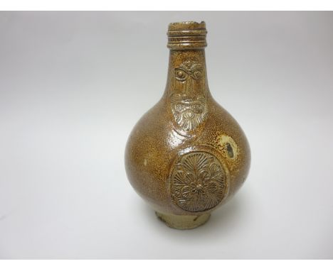 A 17th Century Bellarmine Flask with incised mask spout and large oval rosette cartouche, 8 1/2in, chip to rim
