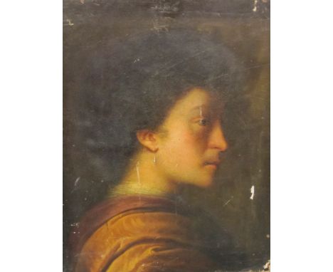 FOLLOWER OF PIETRO NOVELLI (1603-1647)Portrait of a Man, shoulder-length, facing rightwearing a brown drape, and earringoil o