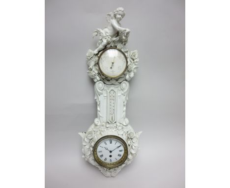 A Continental white porcelain framed Barometer, Clock and Thermometer with rose encrustations and cherub surmount, 27in