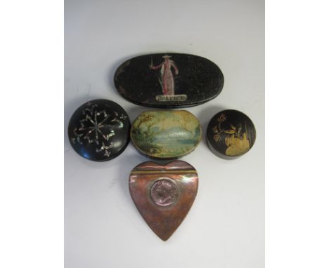 A lacquered papier mache Snuff Box with lid painted river landscape, an Oriental black lacquered circular Snuff Box, a heart 