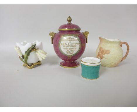 A Royal Worcester Vase and Cover "To John Latham, Platemaker", mottled red ground, finial A/F, Locke & Co Jug, Vase with appl