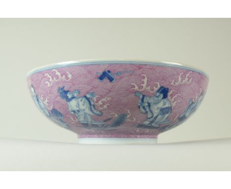 A Chinese porcelain underglaze blue and puce enamelled 'Immortals' Bowl. Daoguang seal mark and probably of the period (1820-