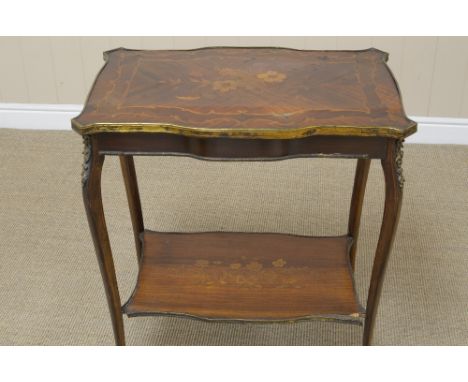 A 19th Century Louis XV style kingwood and floral marquetry Table with brass edging, shaped under tier on slender cabriole le