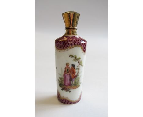 A Meissen style porcelain Scent Bottle painted figures in reserves on pink scale ground with gold hinged top. Dutch marks, 3 