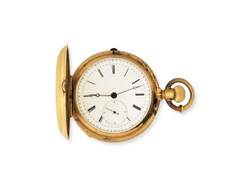 Lattès Frères & Cie à Genève. An 18K gold keyless wind full hunter chronograph pocket watch with flying 1/4 secondsDate: Circ