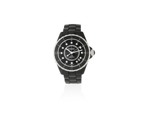 Chanel. A black ceramic automatic calendar bracelet watch with roulette back and diamond set dialModel: J12 RouletteReference