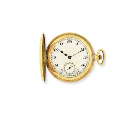 An 18K gold keyless wind half hunter pocket watchDate: London Import mark for 1929Movement: Jewelled Swiss lever, cut and com