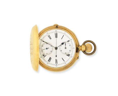 An 18K gold keyless wind full hunter chronograph pocket watchDate: Circa 1900Movement: Gilt 3/4 plate English lever, cut and 